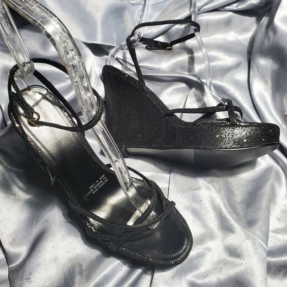NEW FASHION BUG black sparkle strappy wedge platform heels SZ 10